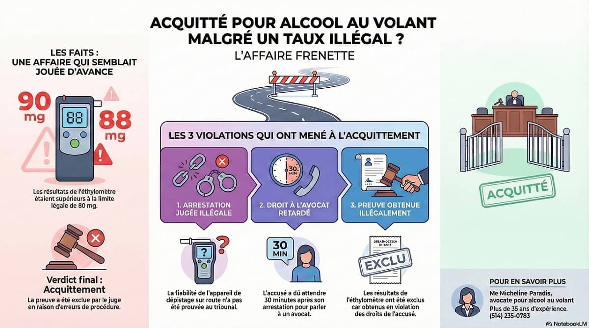 Infographie illustrant les 3 erreurs policières ayant mené à un acquittement pour alcool au volant. Le graphique détaille l'impact d'une gomme à mâcher sur la légalité de l'arrestation et la conséquence d'un délai de 30 minutes sur le droit à l'avocat.