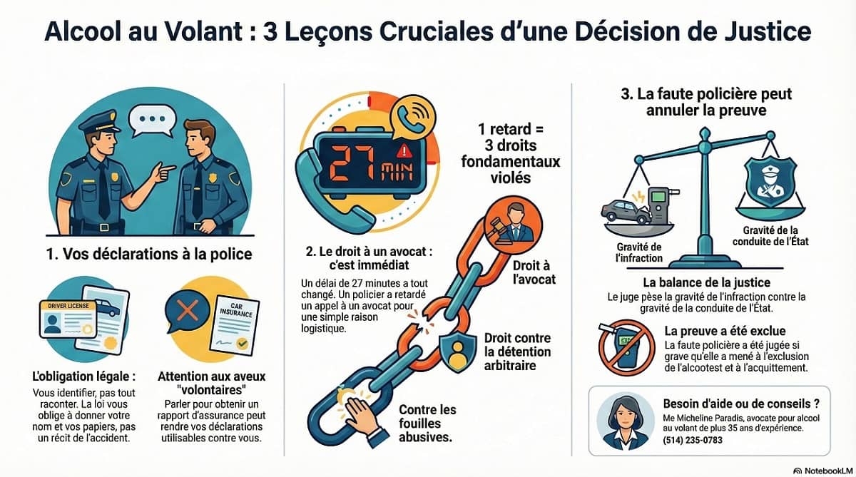 Infographie montrant la chronologie de l'arrestation et comment un délai de 27 minutes avant l'appel à l'avocat a mené à l'acquittement.