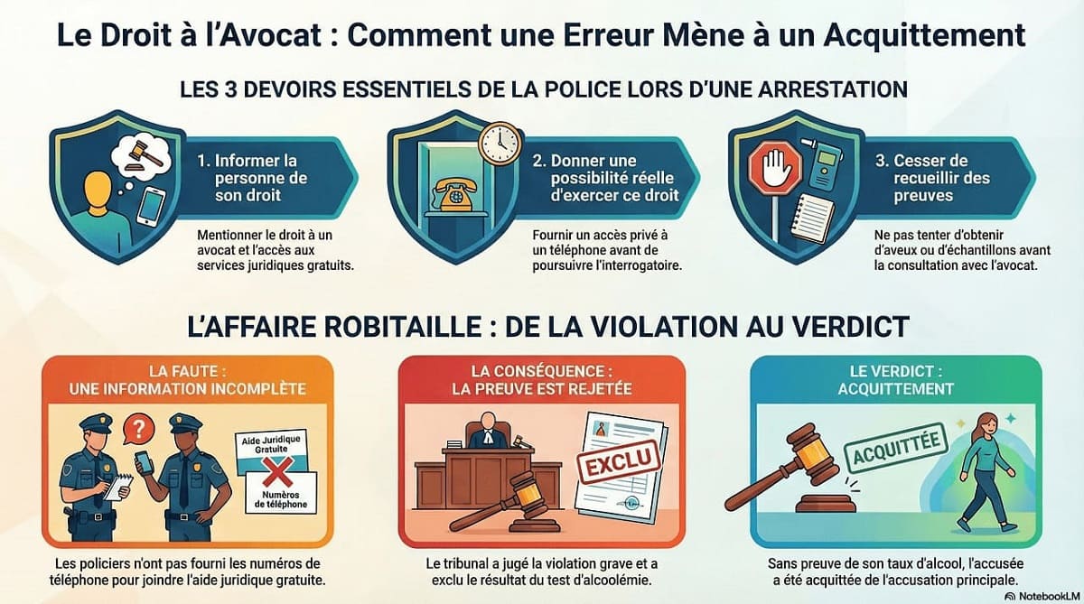 Infographie expliquant les étapes de l'affaire Robitaille : erreur policière et acquittement pour alcool au volant